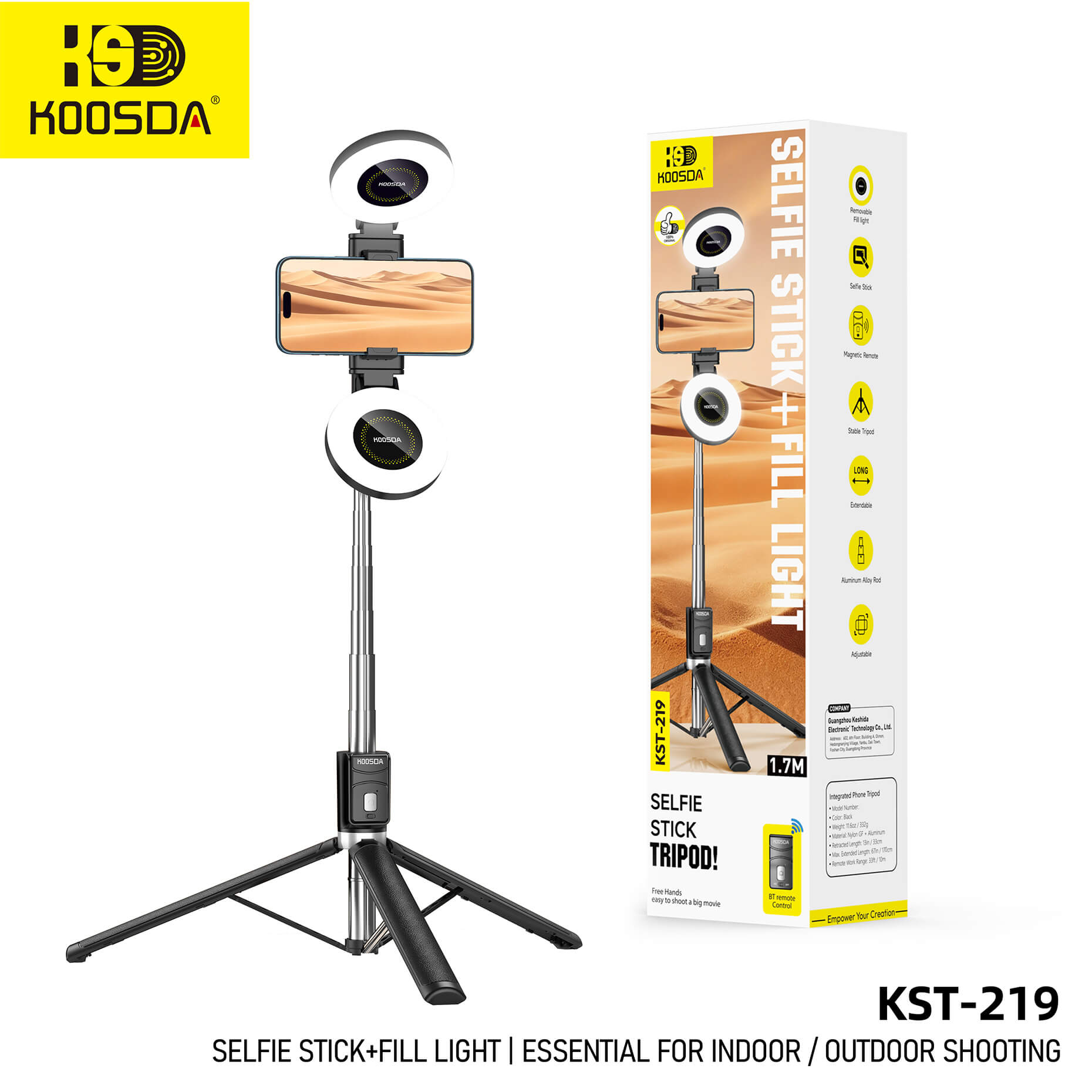 KST-219 Selfie Stick With Duble Light 1.7,m