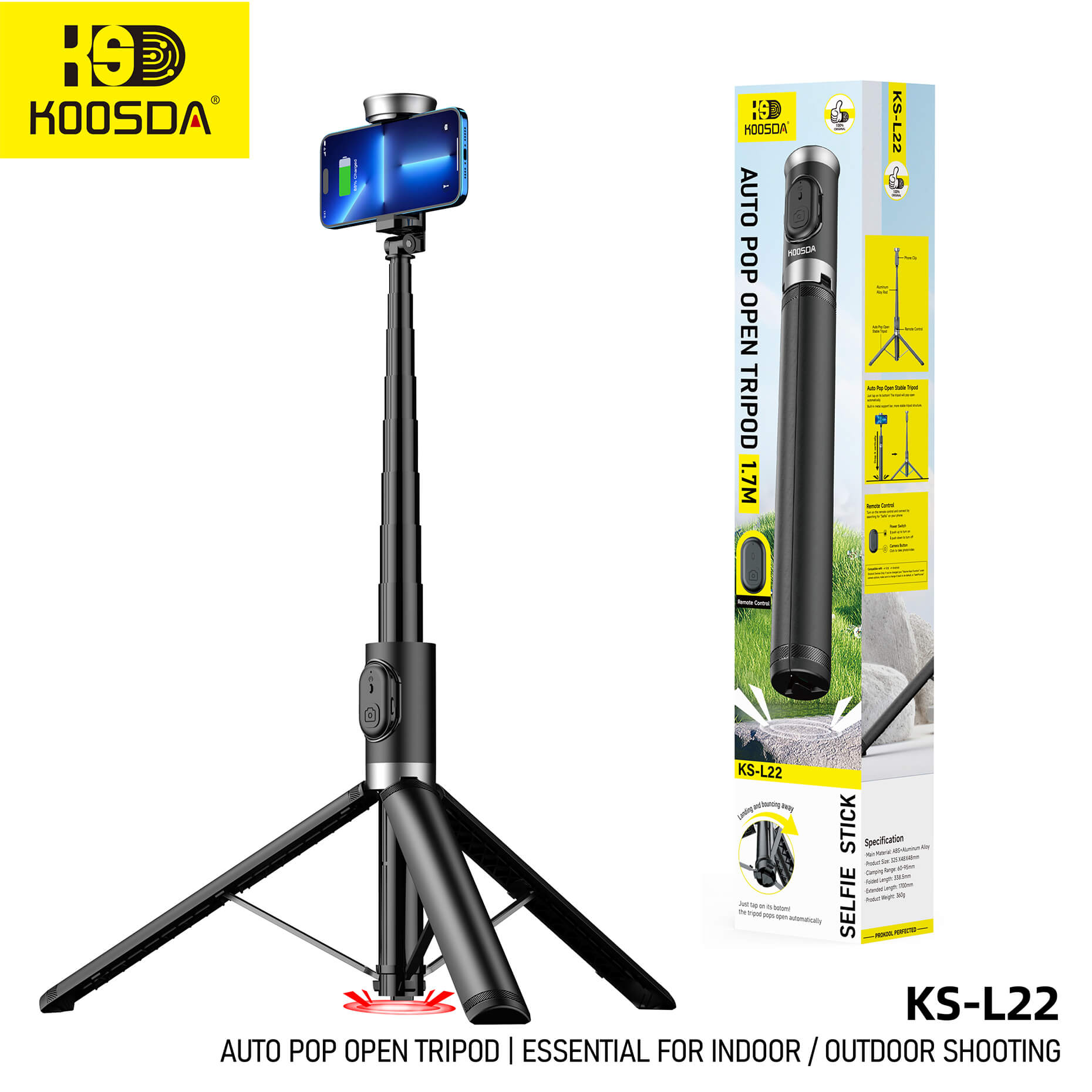 KS-L22 AUTO POP OPEN SELFLE STICK TRIPOD 1.7M