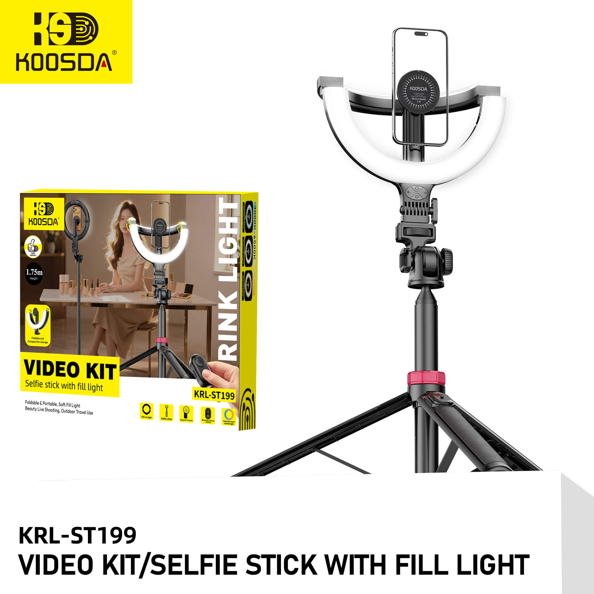 KRL-ST199 Selfie Stick With Fill Light 1.75m